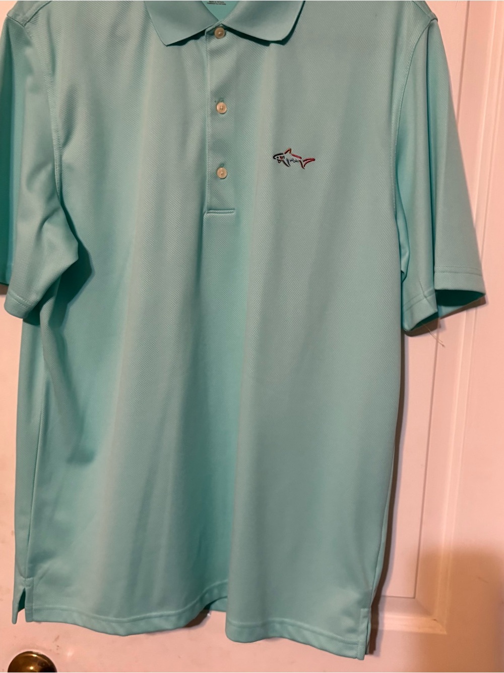 Greg Norman Collection Men's Aqua Polo with Shark Embroidery
